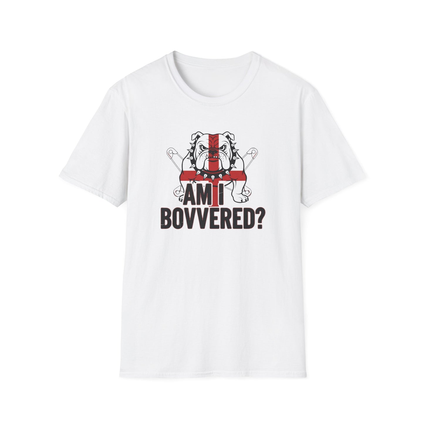 White T‑Shirt — "Am I Bovvered?" English Bulldog with St. George Flag Graphic