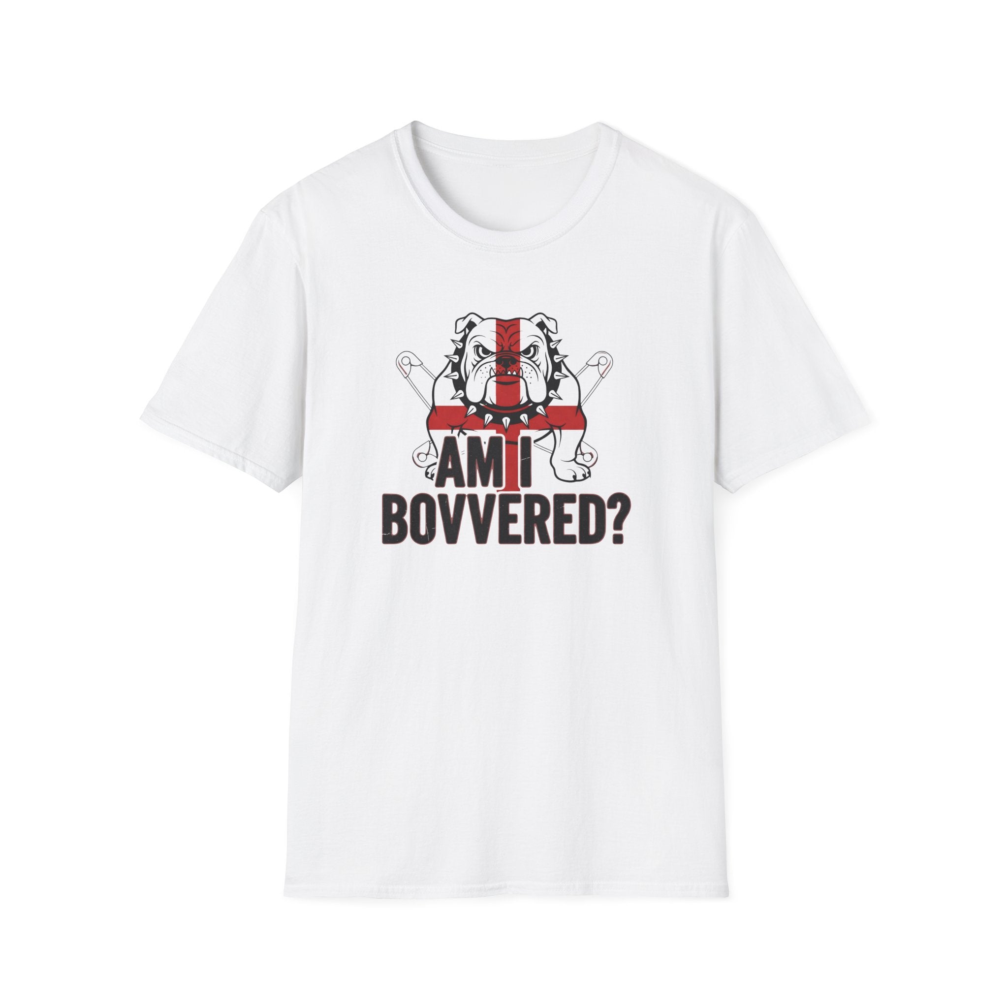 White T‑Shirt — "Am I Bovvered?" English Bulldog with St. George Flag Graphic