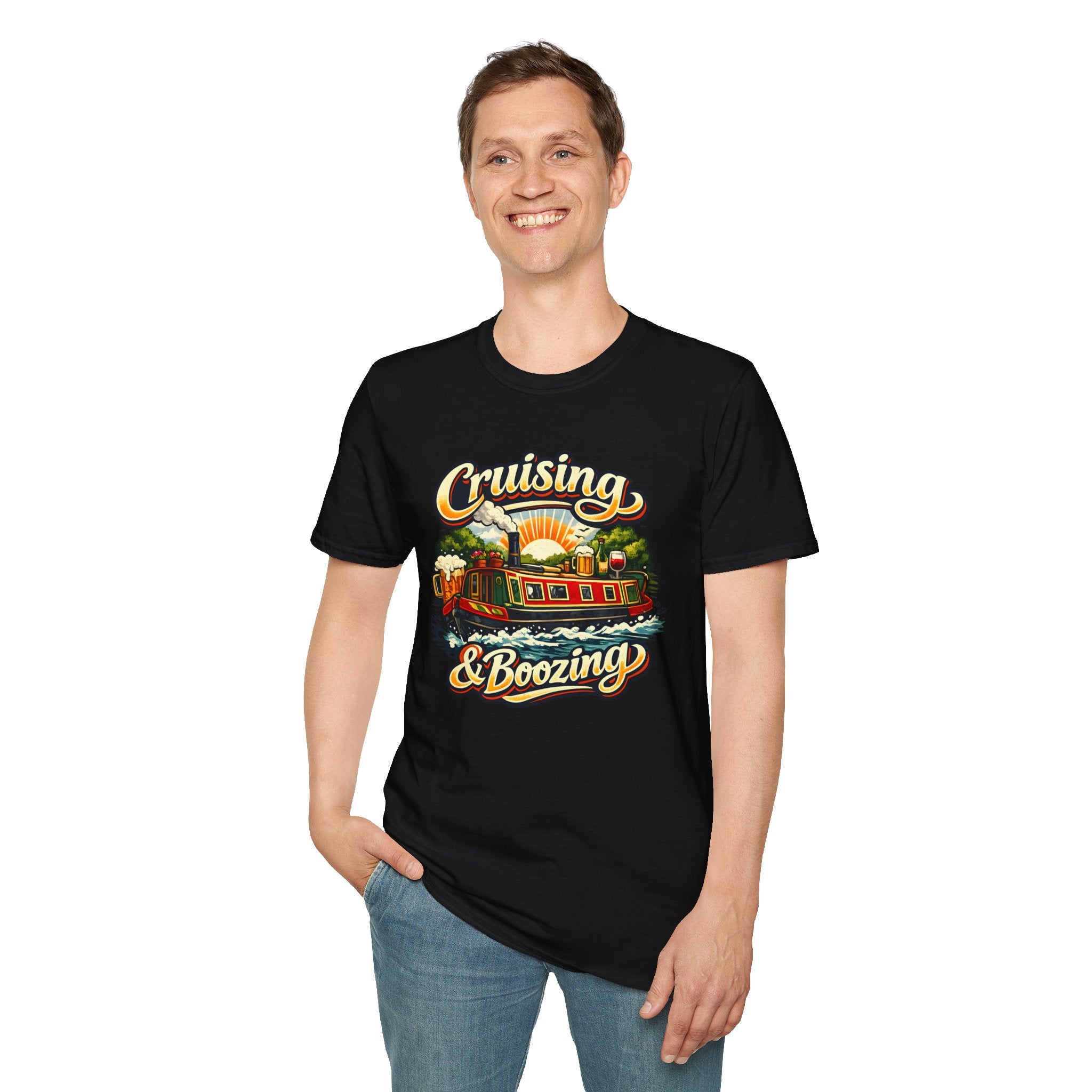 Person wearing a black t-shirt with 'Cruising & Boozing' graphic design on a white background