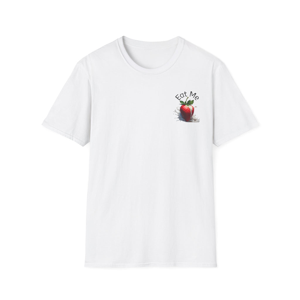 White t-shirt with a strawberry and cream graphic and 'Eat Me' text on a white background