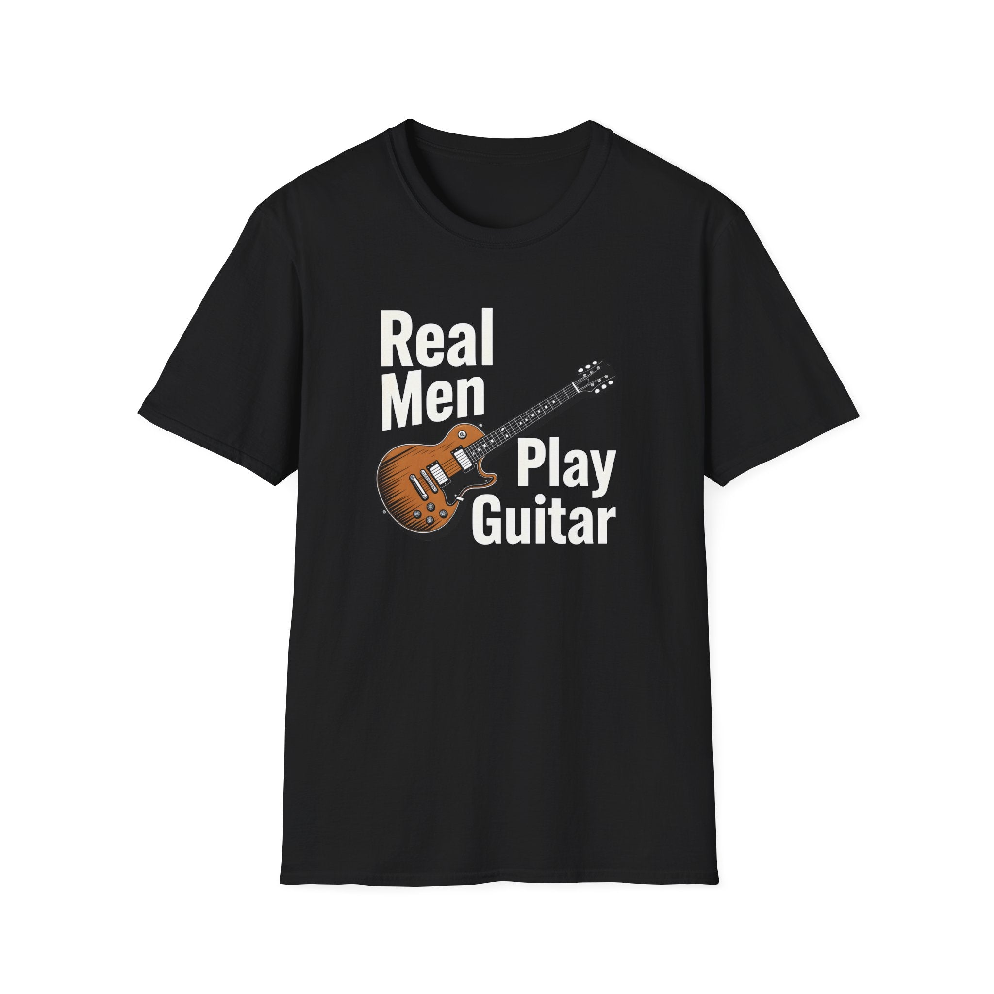 Black t-shirt with 'Real Men Play Guitar' text and guitar graphic on a white background