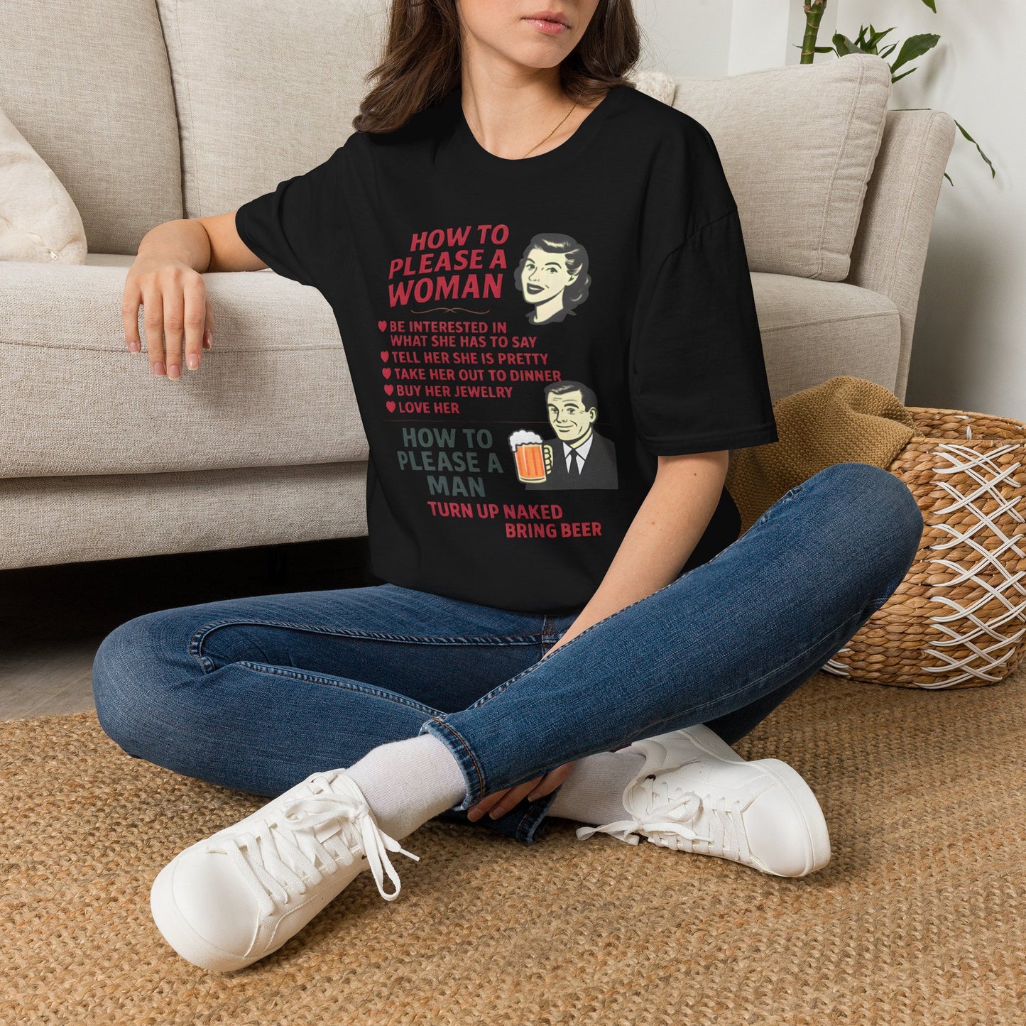 How to Please a Woman vs Man Vintage Humor T-Shirt Fat Boris