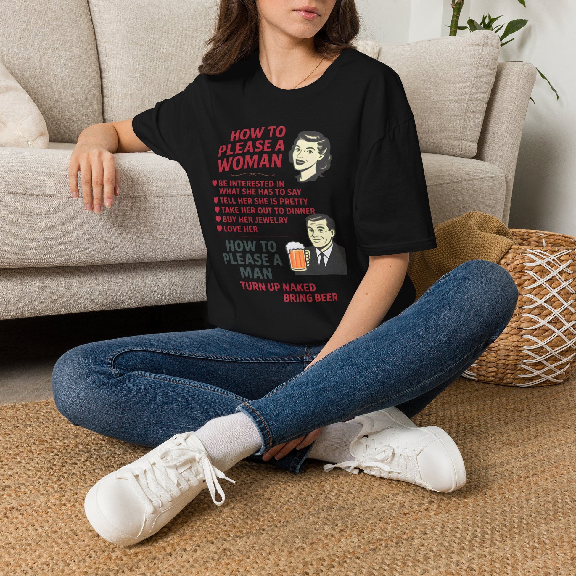 How to Please a Woman vs Man Vintage Humor T-Shirt Fat Boris