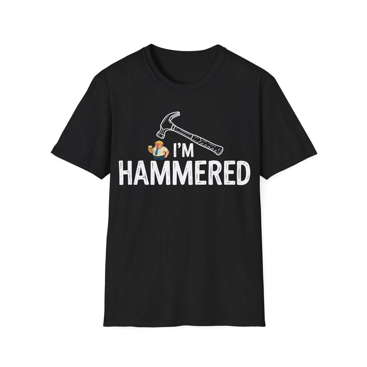 A black short-sleeve crewneck t-shirt with a graphic on the chest featuring a hammer, a small construction hat, and the text 'I'M HAMMERED' in white.