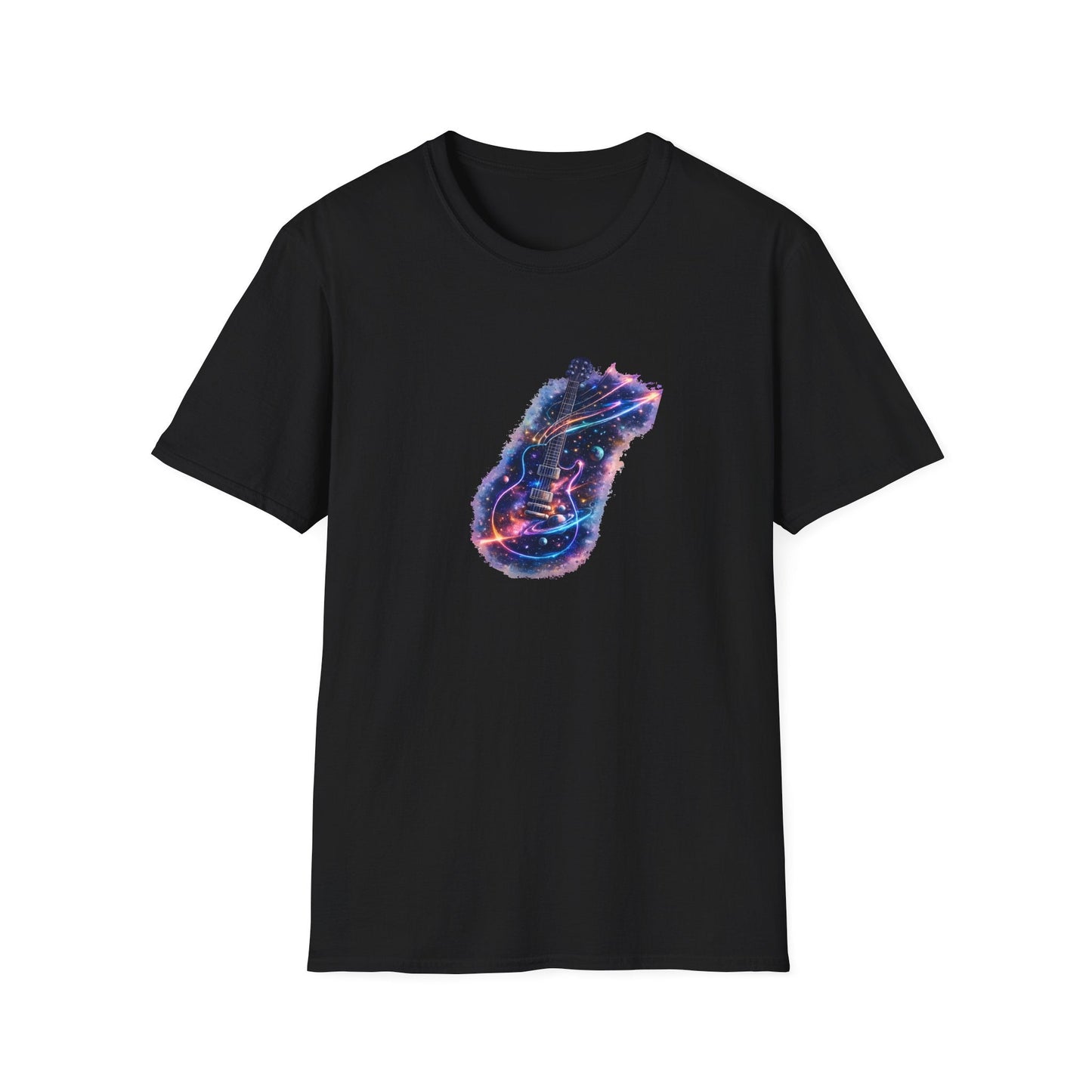 Cosmic Guitar T-Shirt – Galaxy Music Guitar Design | Neon Space Guitar Graphic Tee | Fat Boris Store Printify