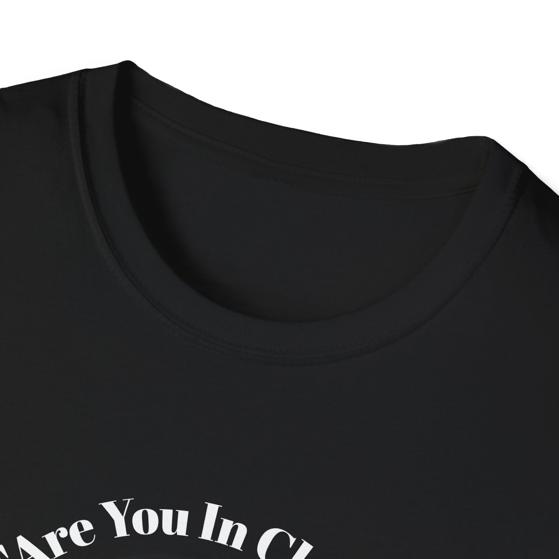 Close view of collar Black t-shirt with Jackson graphic lamb white text on a white background