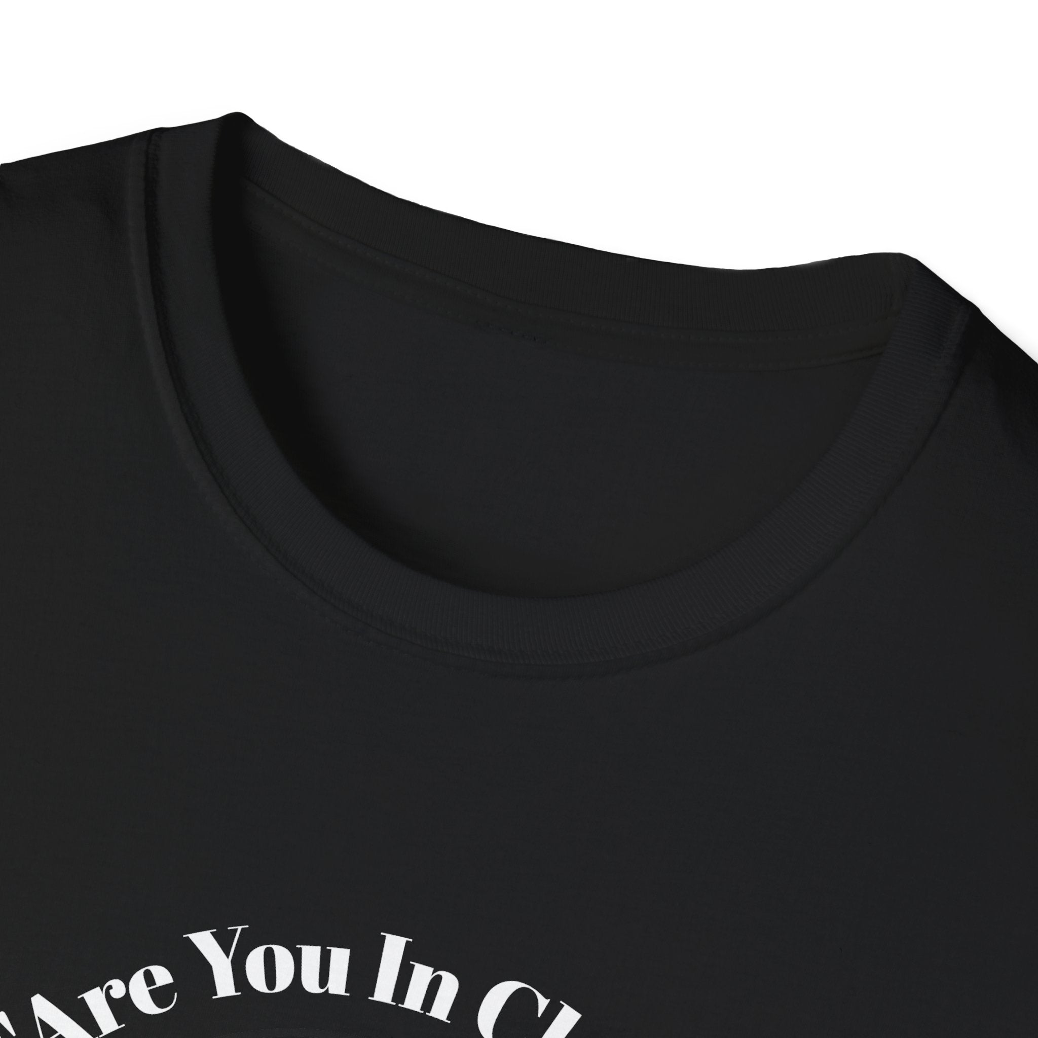 Close view of collar Black t-shirt with Jackson graphic lamb white text on a white background