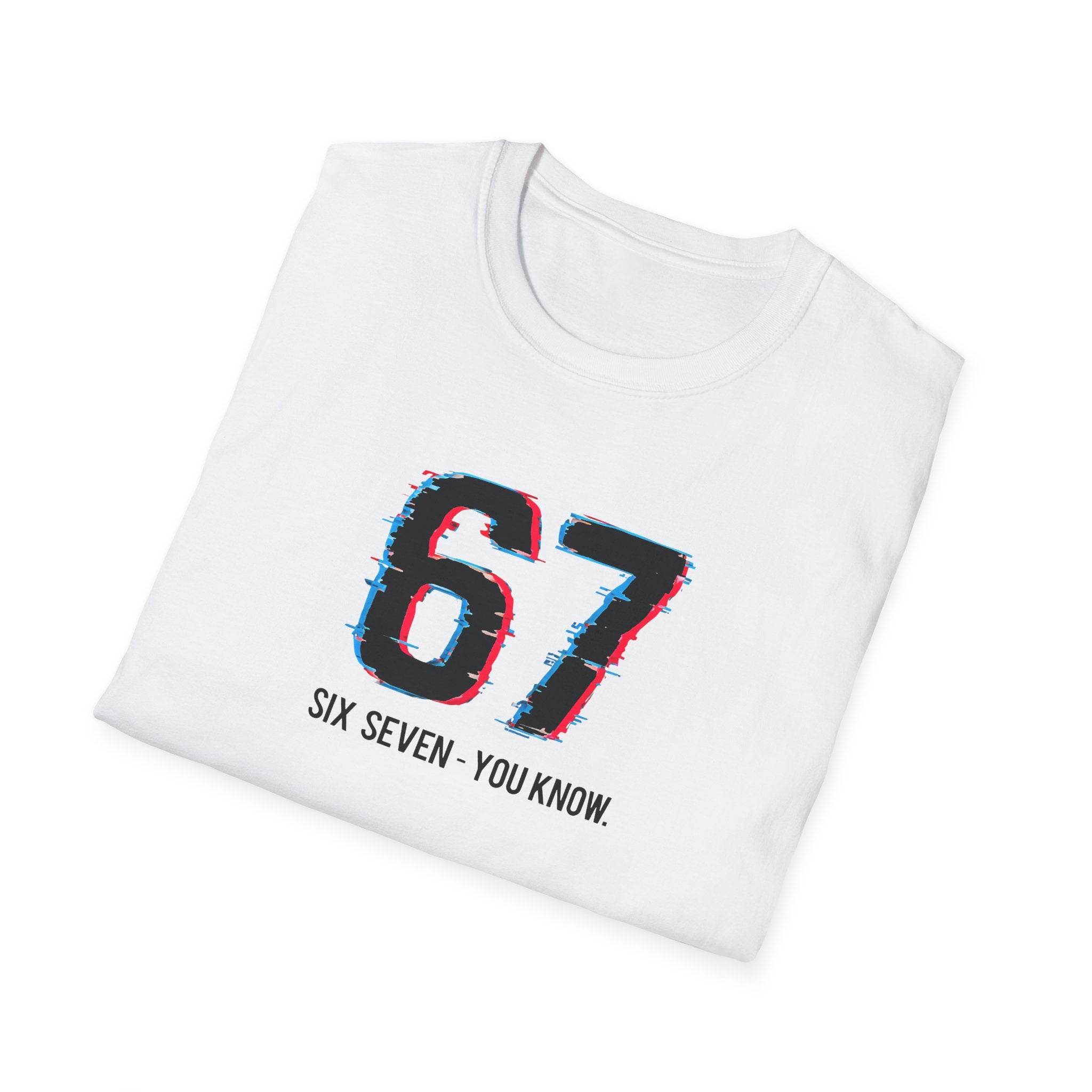 Folded White t-shirt with black and red '67' design on a white background