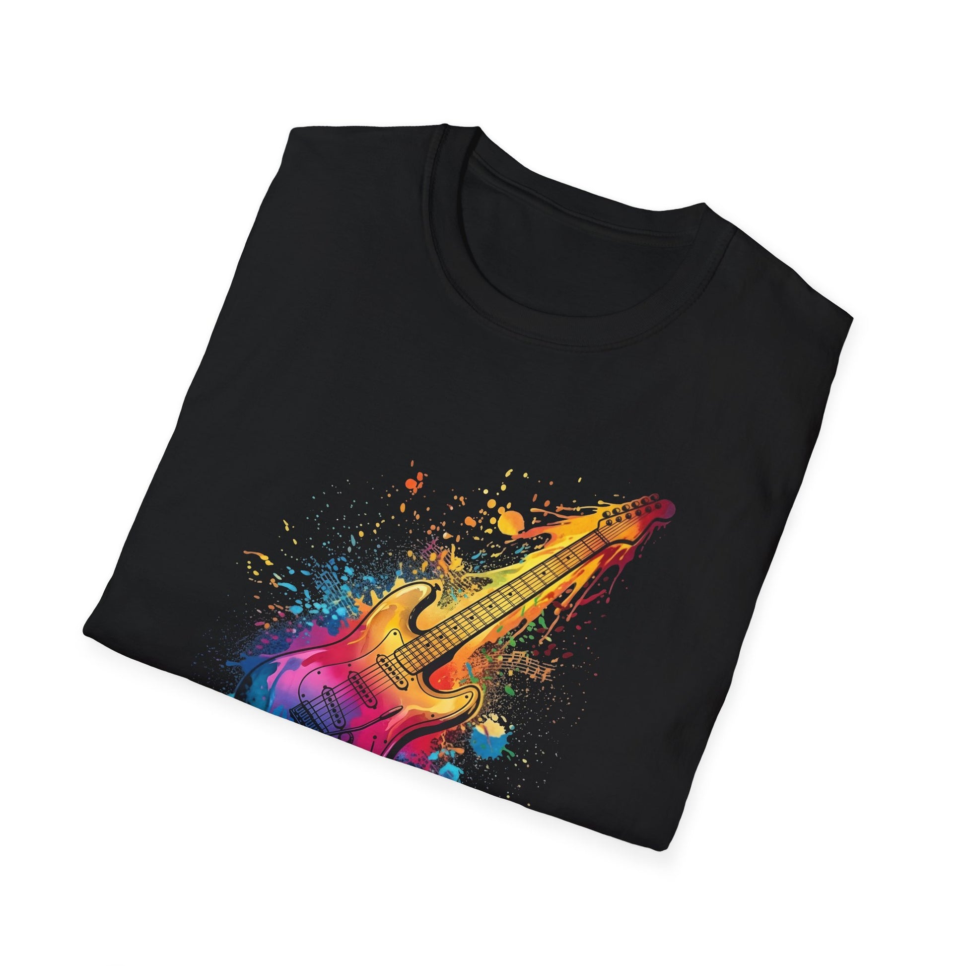 Black t-shirt with a colorful guitar graphic on a white background