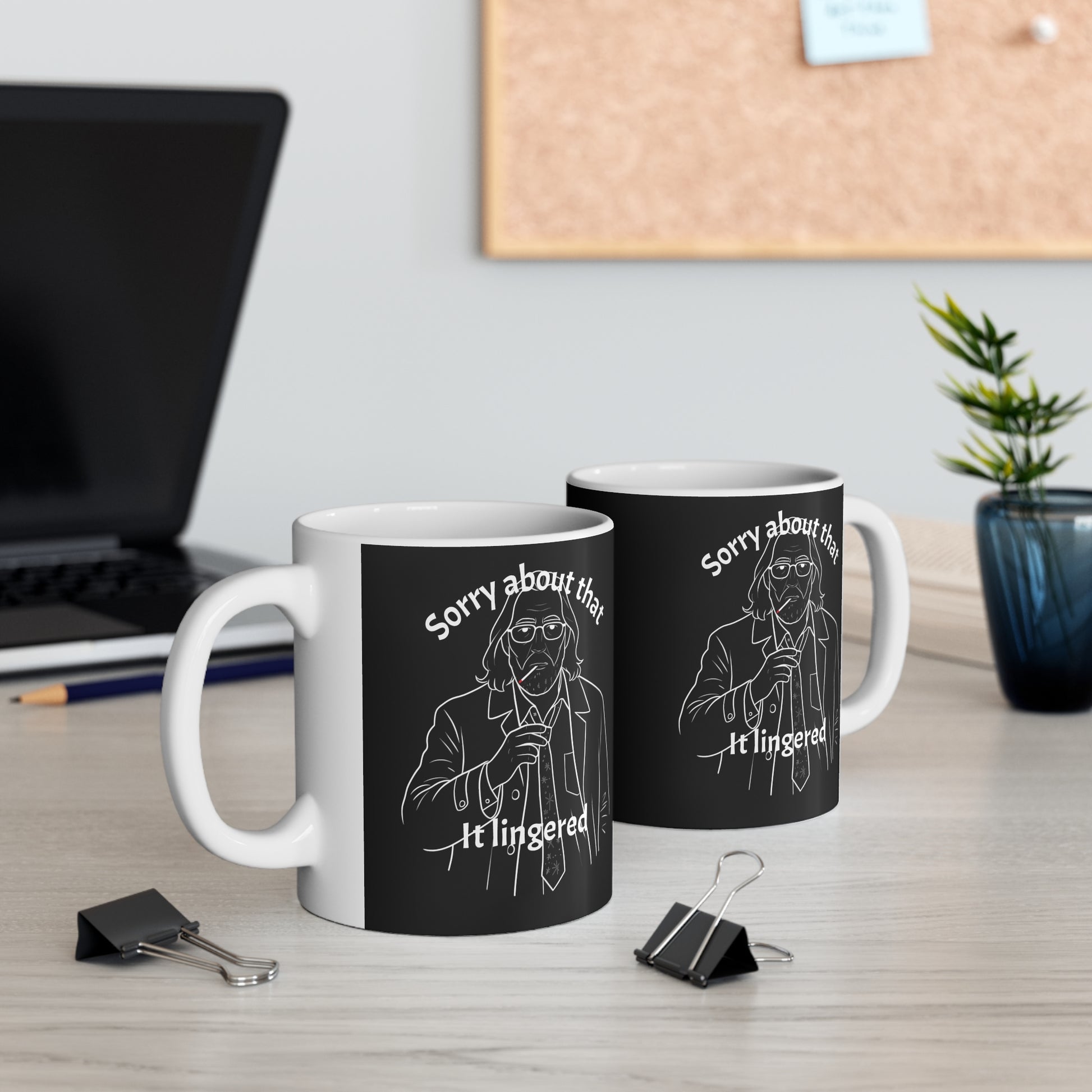 TWO BLACK COFFEE MUG JACKSON LAMB IMAGE SLOW HORSES SORRY ABOUT THAT IT LINGERED 