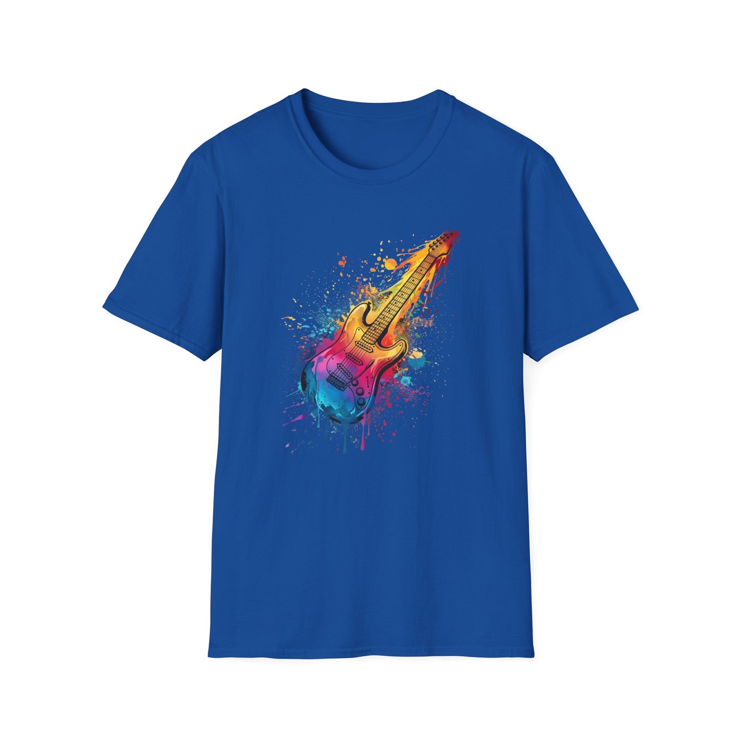 Blue t-shirt with a colorful guitar graphic on a white background