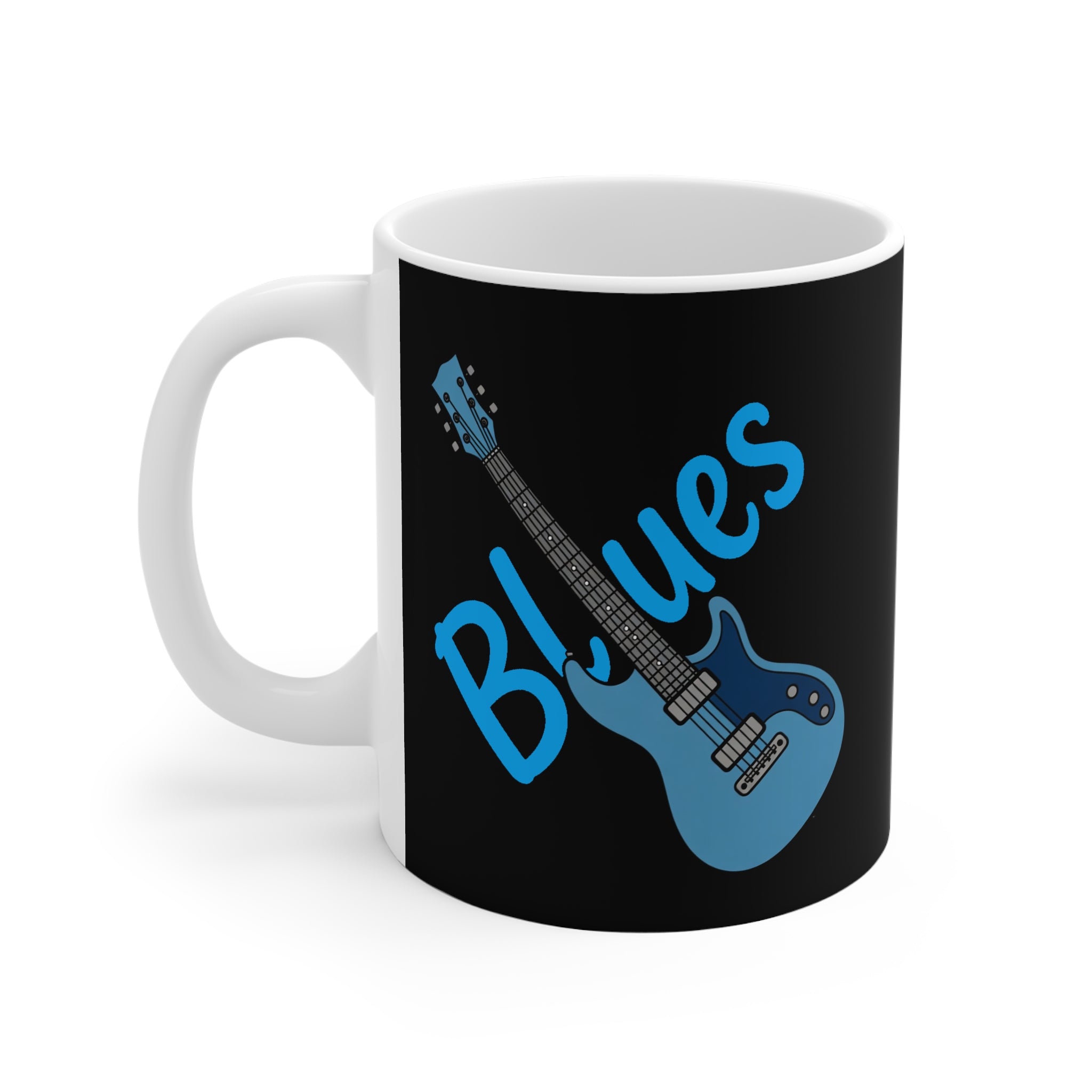 Mug with blue guitar design and 'Blues' text on a black background