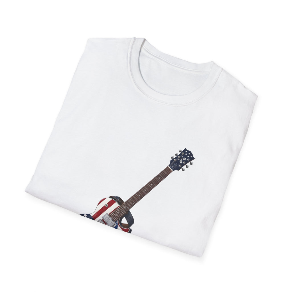 White t-shirt with a guitar graphic on a white background