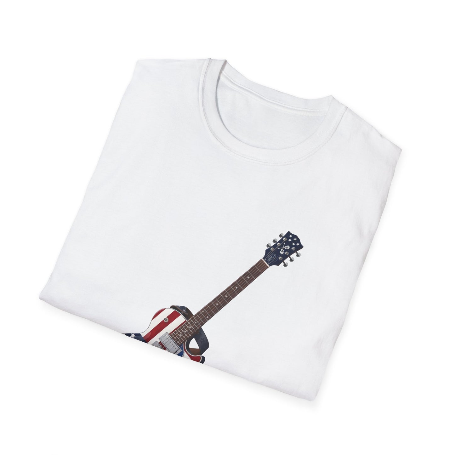 White t-shirt with a guitar graphic on a white background