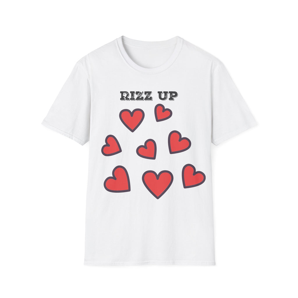 White t-shirt with red hearts and 'Rizz Up' text on a white background