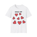 White t-shirt with red hearts and 'Rizz Up' text on a white background