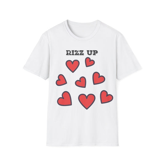 White t-shirt with red hearts and 'Rizz Up' text on a white background