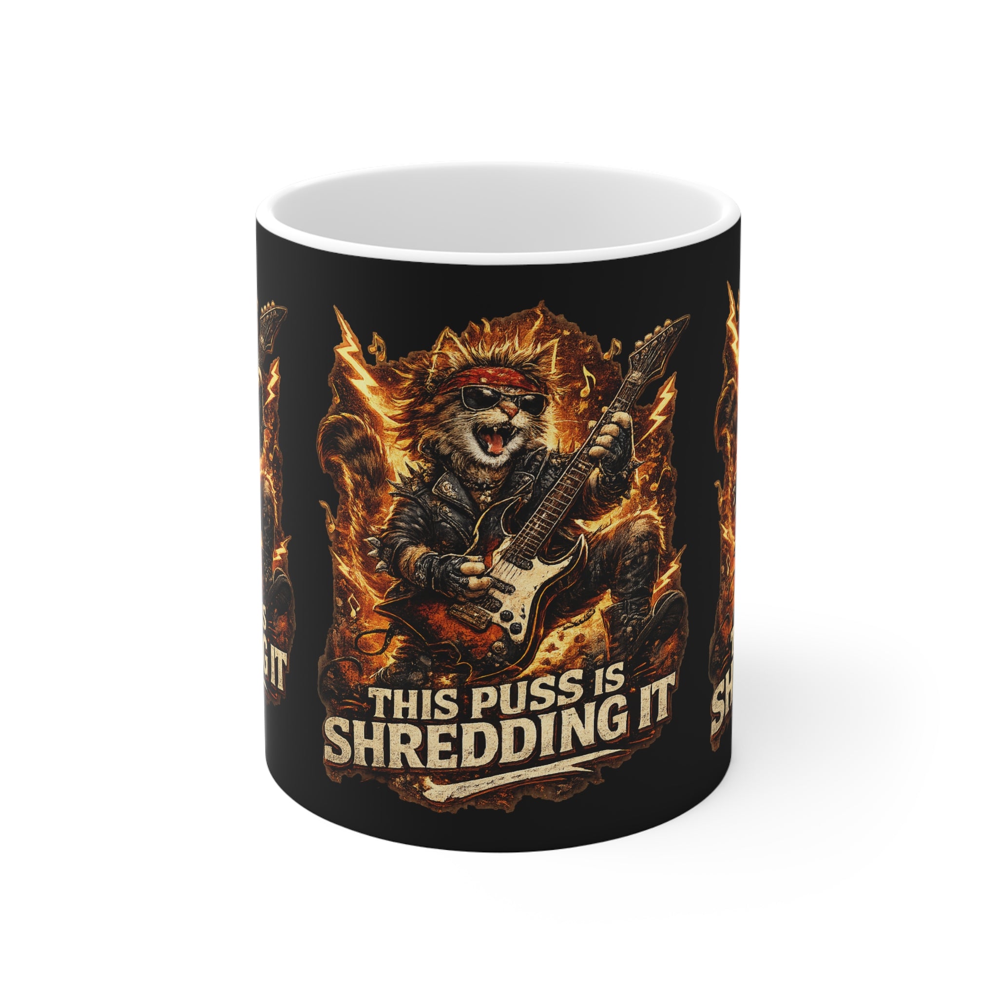 Rock Cat Guitar Mug — "This Puss Is Shredding It" 11oz Coffee Cup 