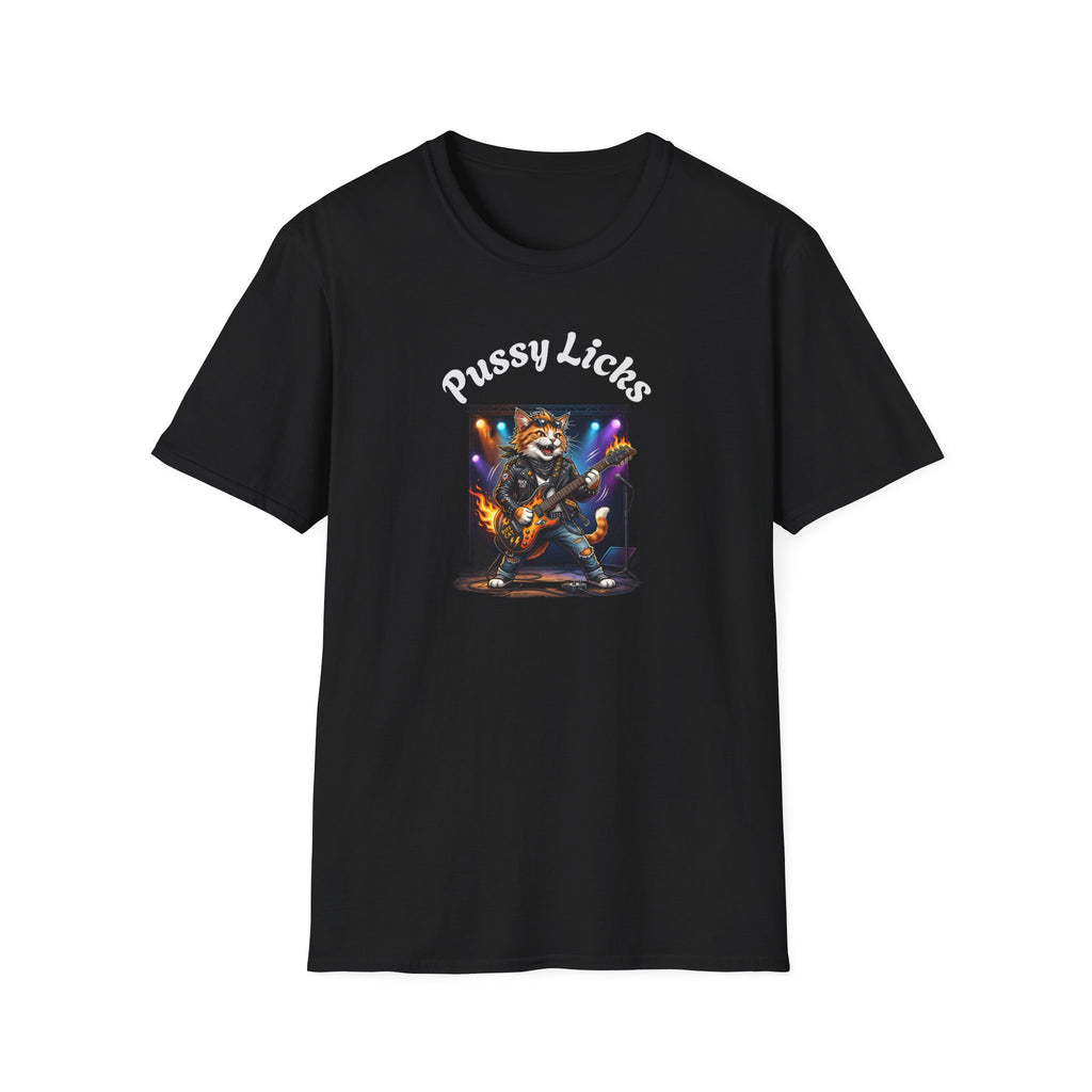 T-Shirt — "Pussy Licks" Rock Cat Guitarist Graphic Tee Printify
