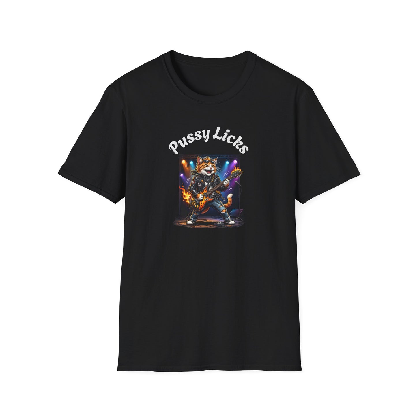 T-Shirt — "Pussy Licks" Rock Cat Guitarist Graphic Tee Printify