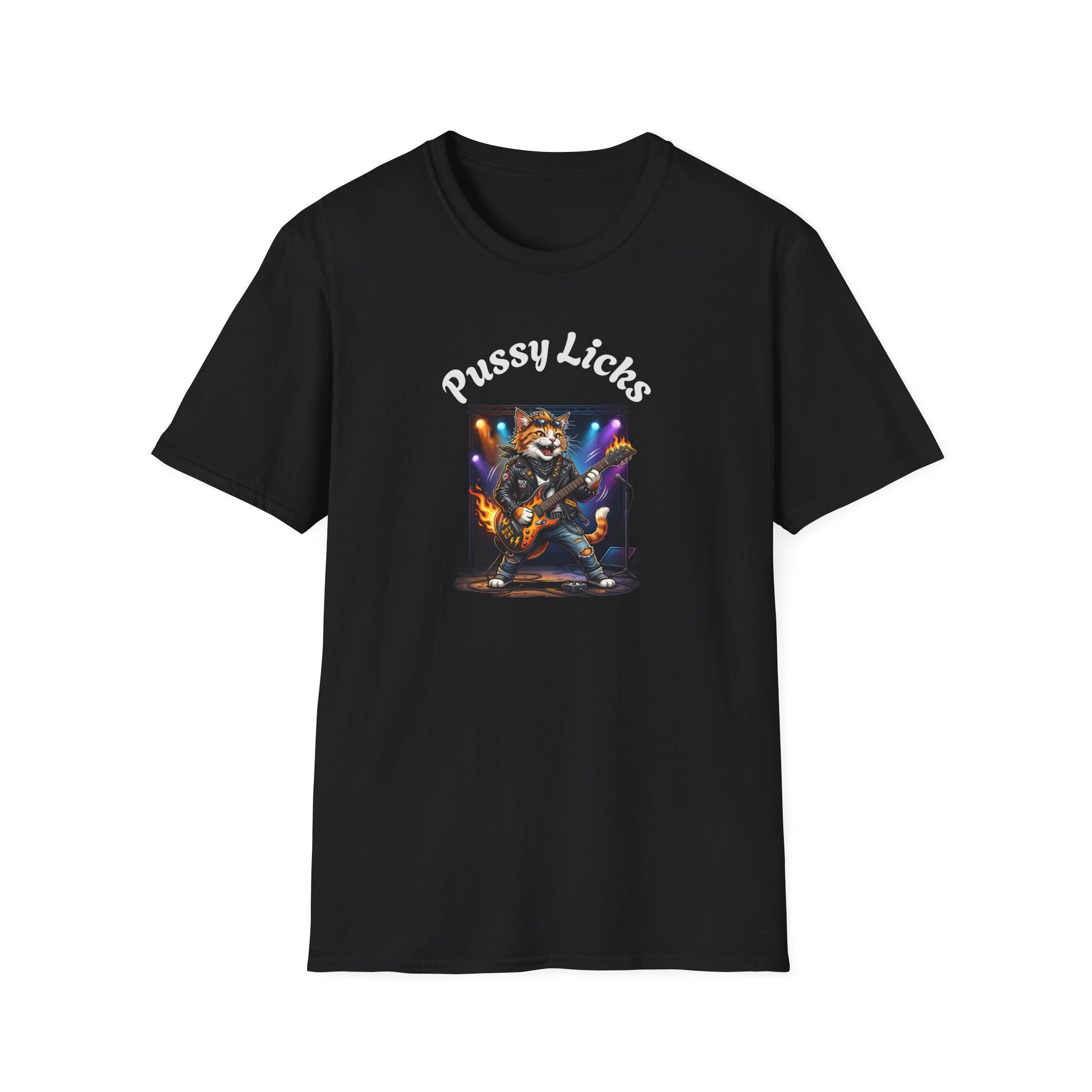 T-Shirt — "Pussy Licks" Rock Cat Guitarist Graphic Tee Printify