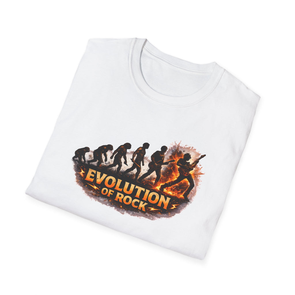 White t-shirt with 'Evolution of Rock' graphic design on a white background