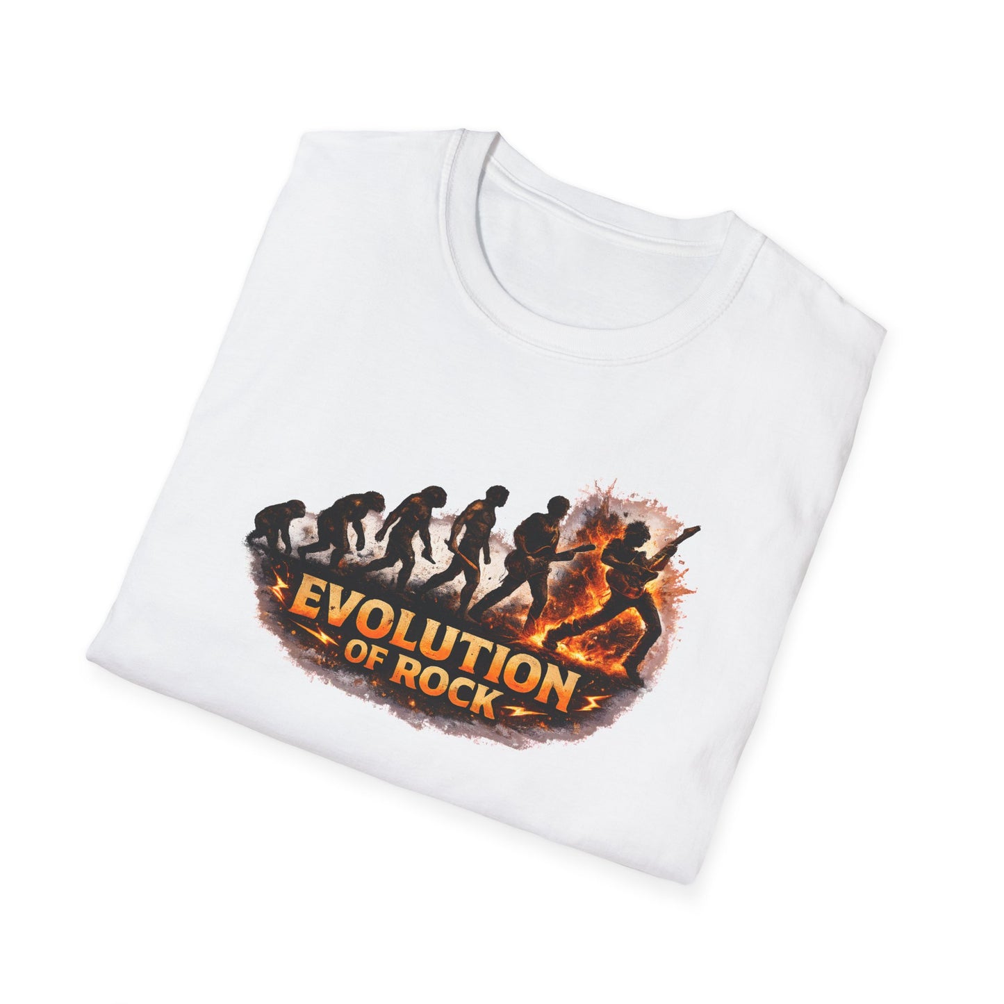 White t-shirt with 'Evolution of Rock' graphic design on a white background