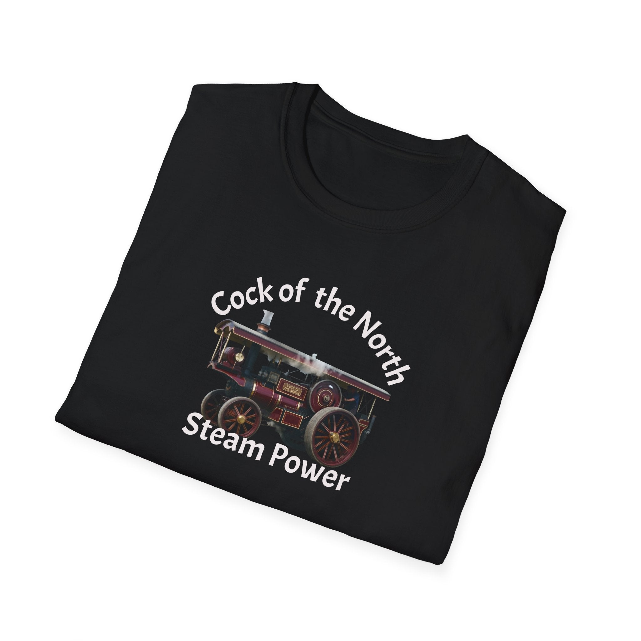 Black t-shirt with steam engine graphic and text on a white background