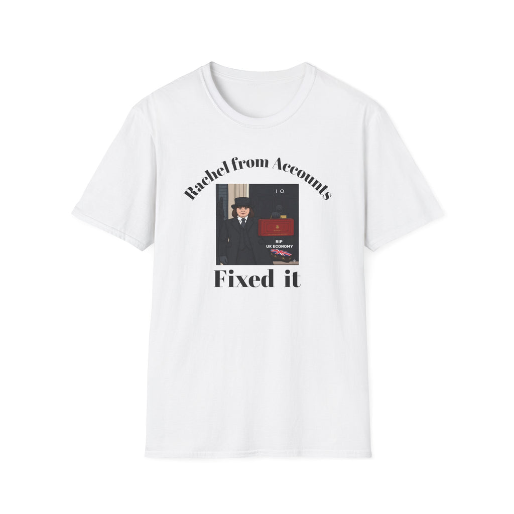 t-shirt with graphic design.RIP UK Economy 'Rachel From Accounts Fixed It' Funny Political Satire T-Shirt
