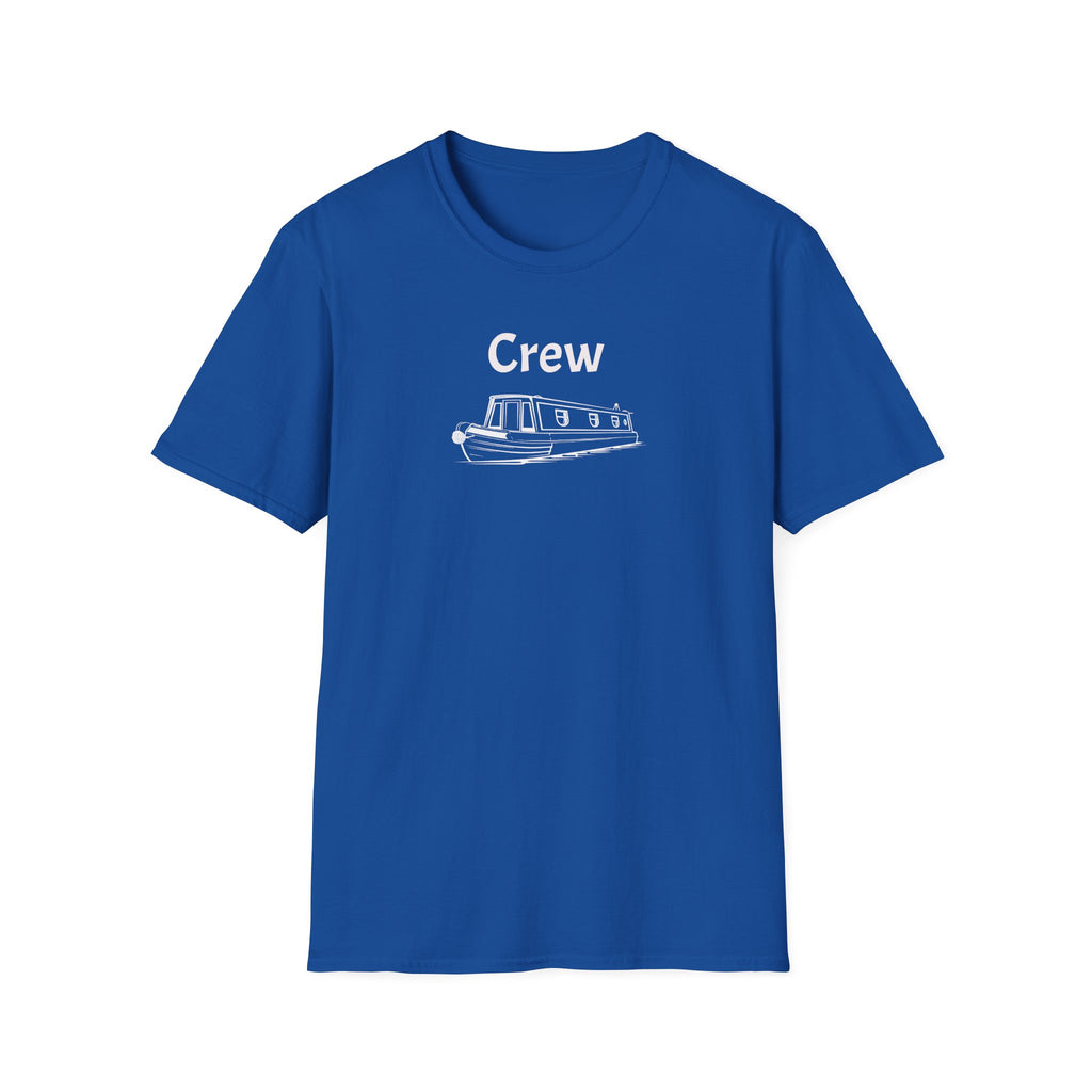 Blue t-shirt with 'Crew' and a boat graphic on a white background