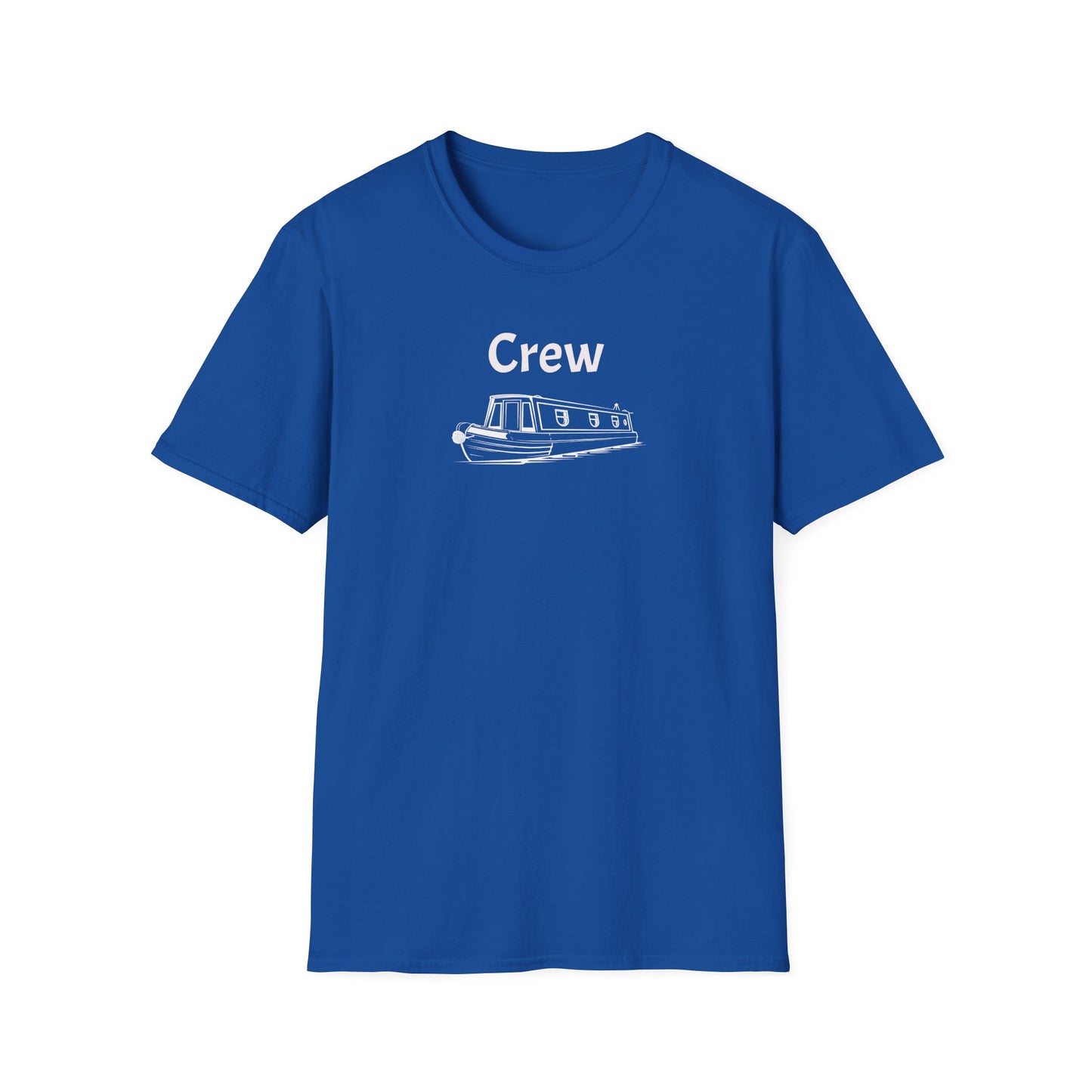 Blue t-shirt with 'Crew' and a boat graphic on a white background