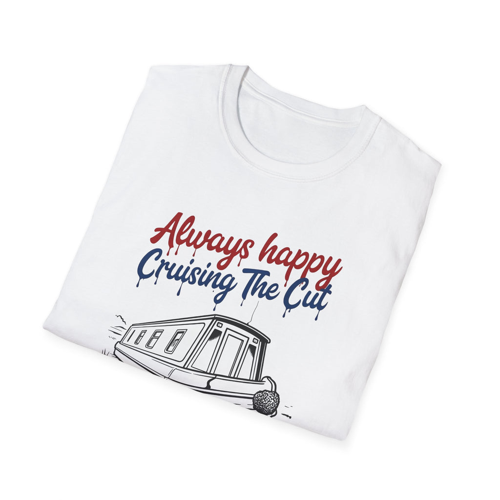 White t-shirt with 'Always happy Cruising The Cut' text and graphic on a white background