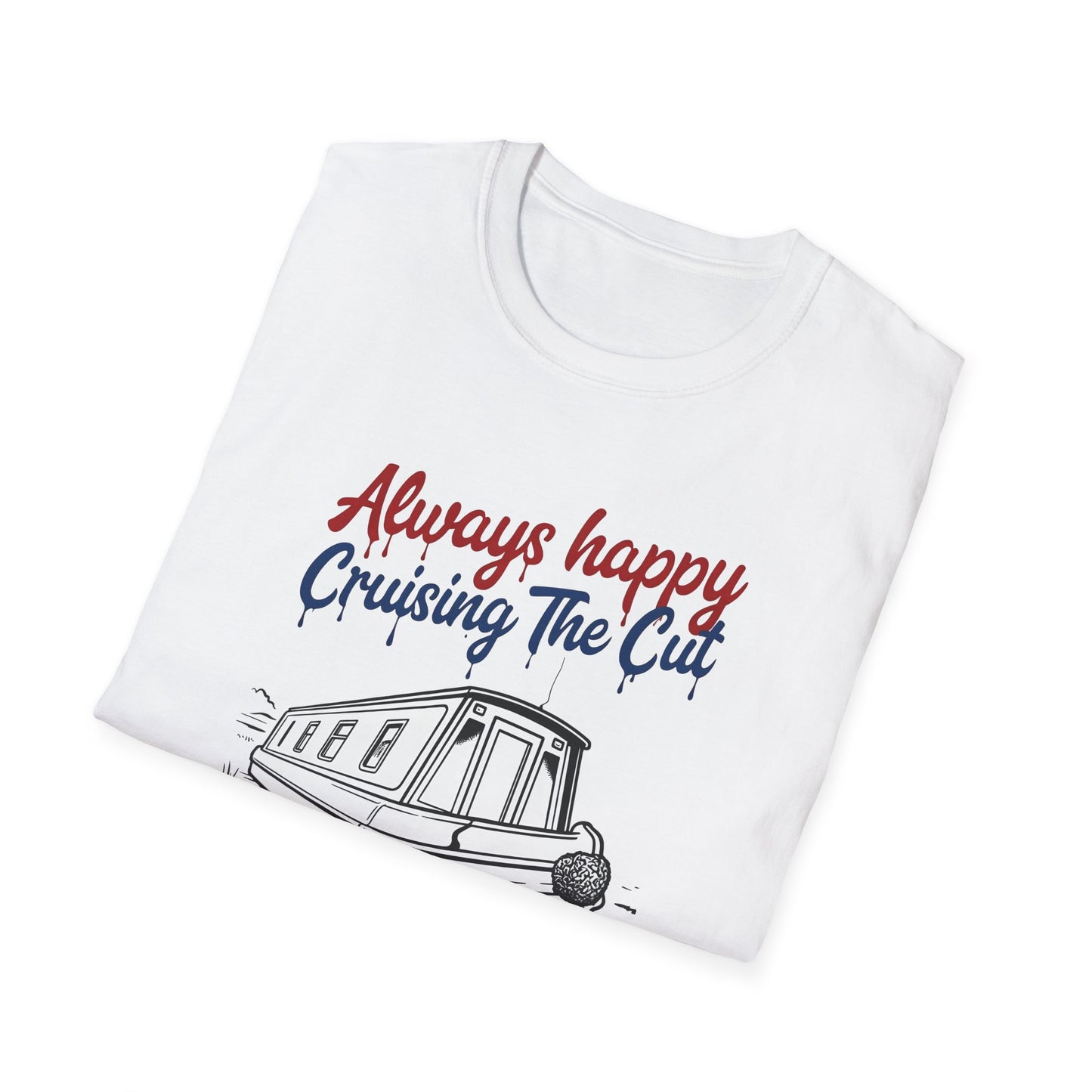 White t-shirt with 'Always happy Cruising The Cut' text and graphic on a white background