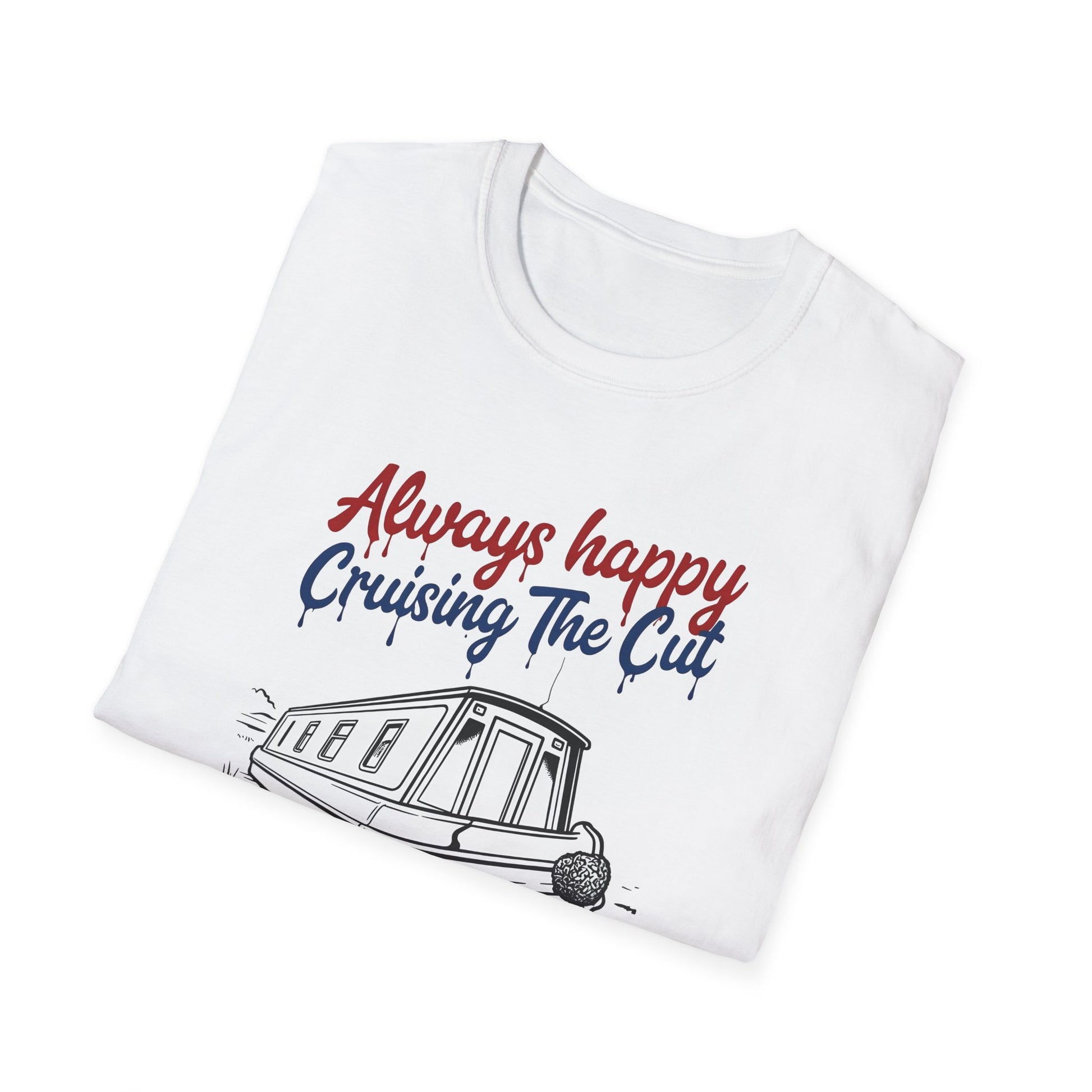 White t-shirt with 'Always happy Cruising The Cut' text and graphic on a white background