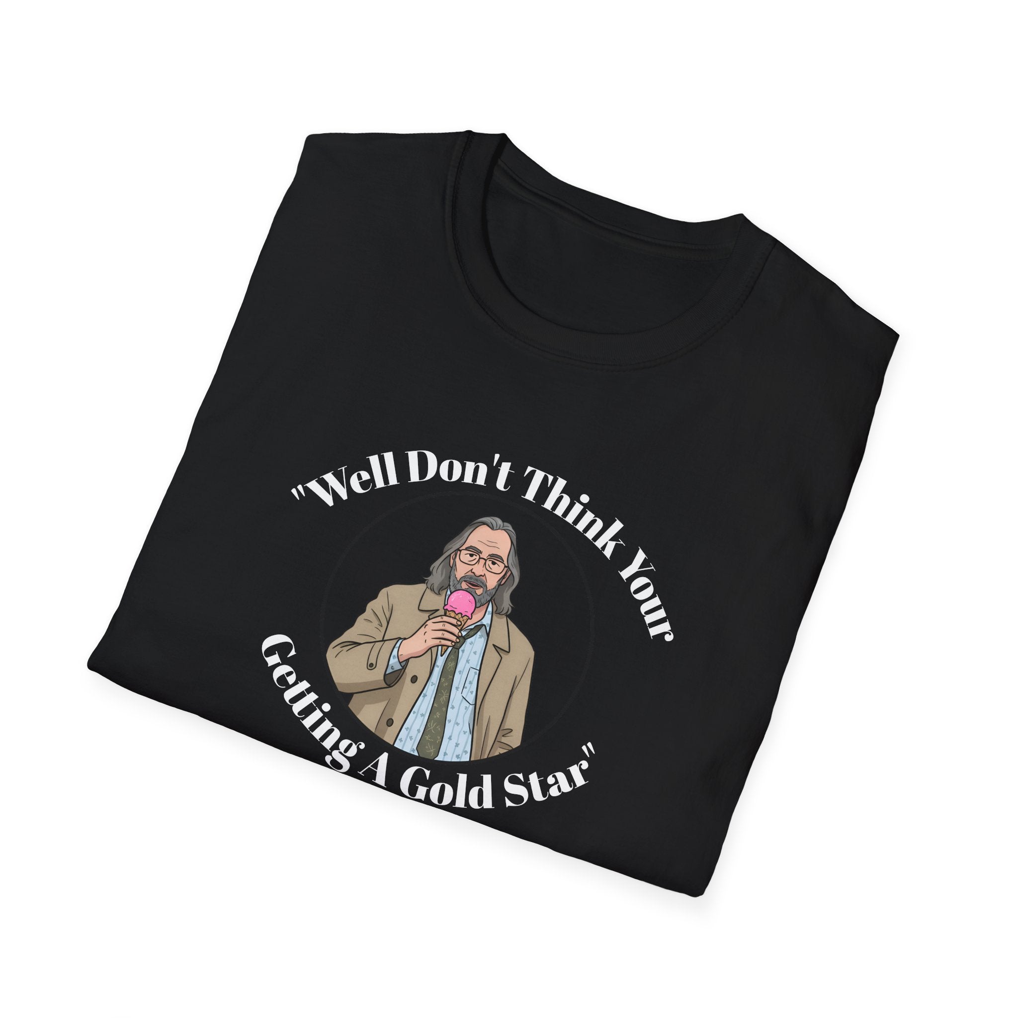 Folded  black  t-shirt Jackson lamb caricature with graphic design and text on a white background