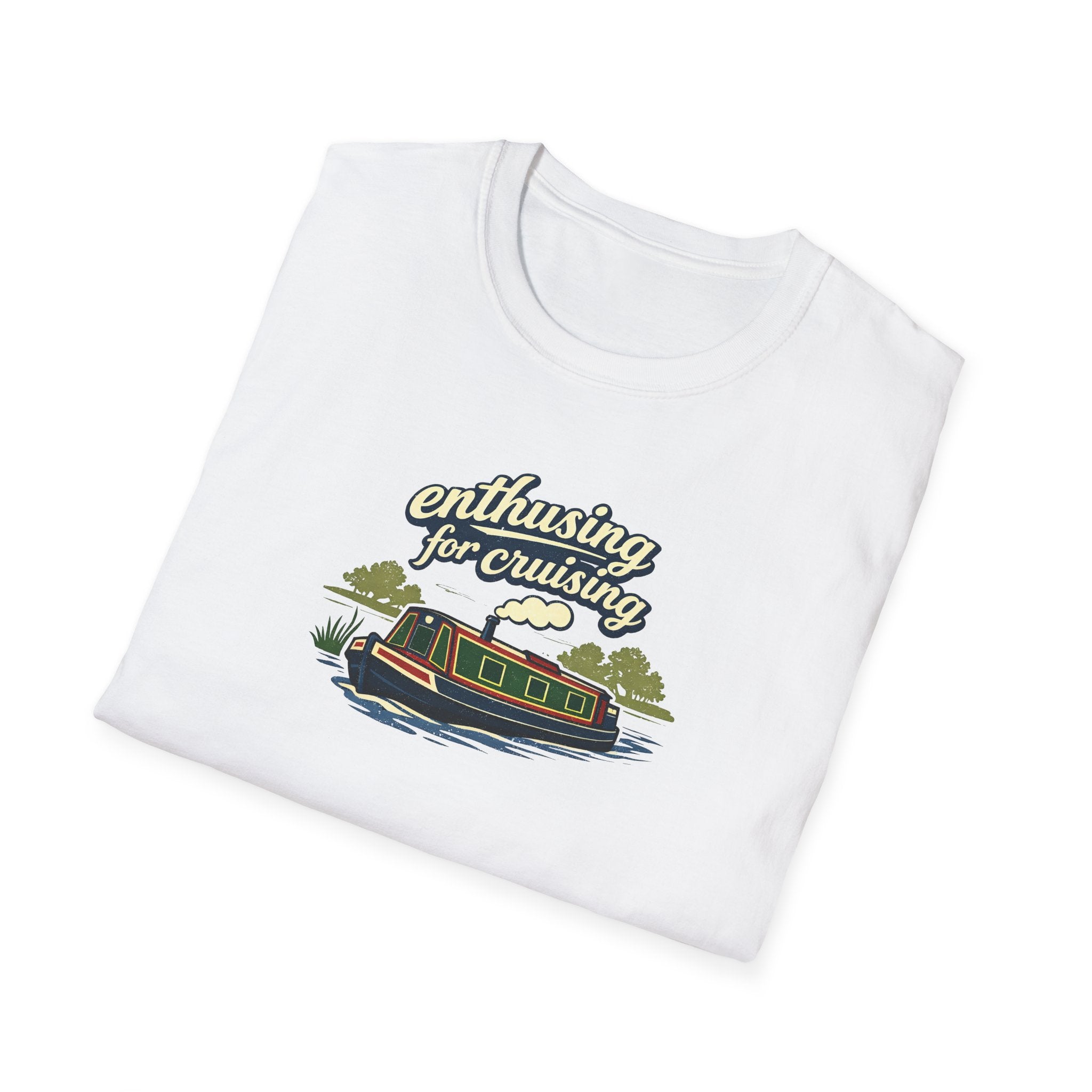 White t-shirt with a boat graphic and 'Enthusiast for Cruising' text on a white background