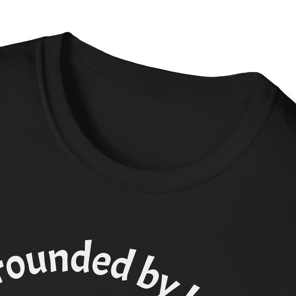  Collar view of black T-Shirt features a bold design that reads 'slow horses surrounded by Losers, Misfits &amp; Boozers', from the slow horses t v show starring Gary Oldman giving off a rebellious and edgy vibe. 