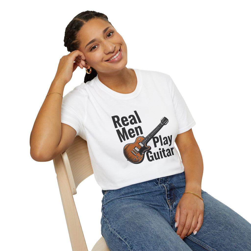 Person wearing a white t-shirt with a guitar graphic and text.