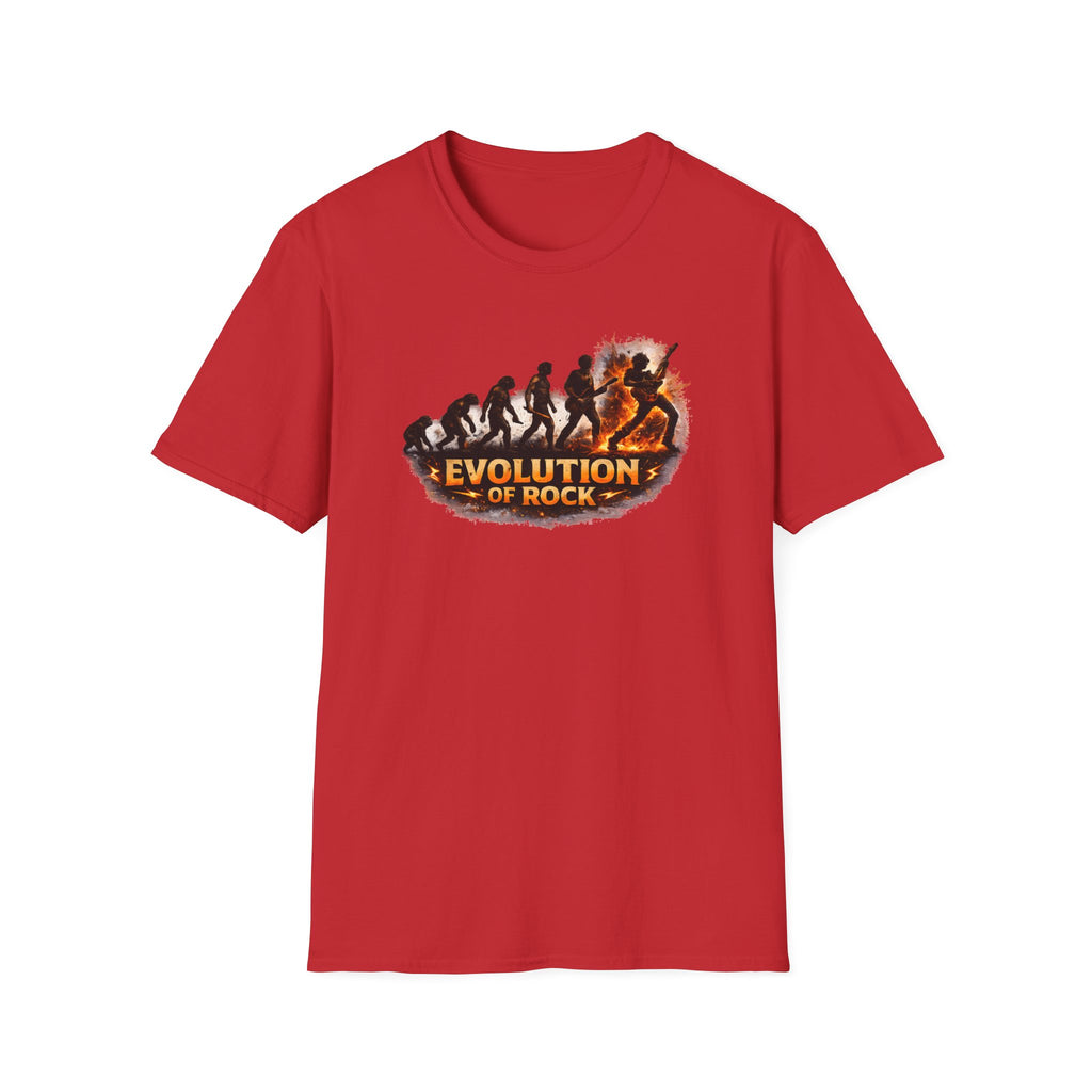 Red t-shirt with 'Evolution of Rock' graphic on a white background