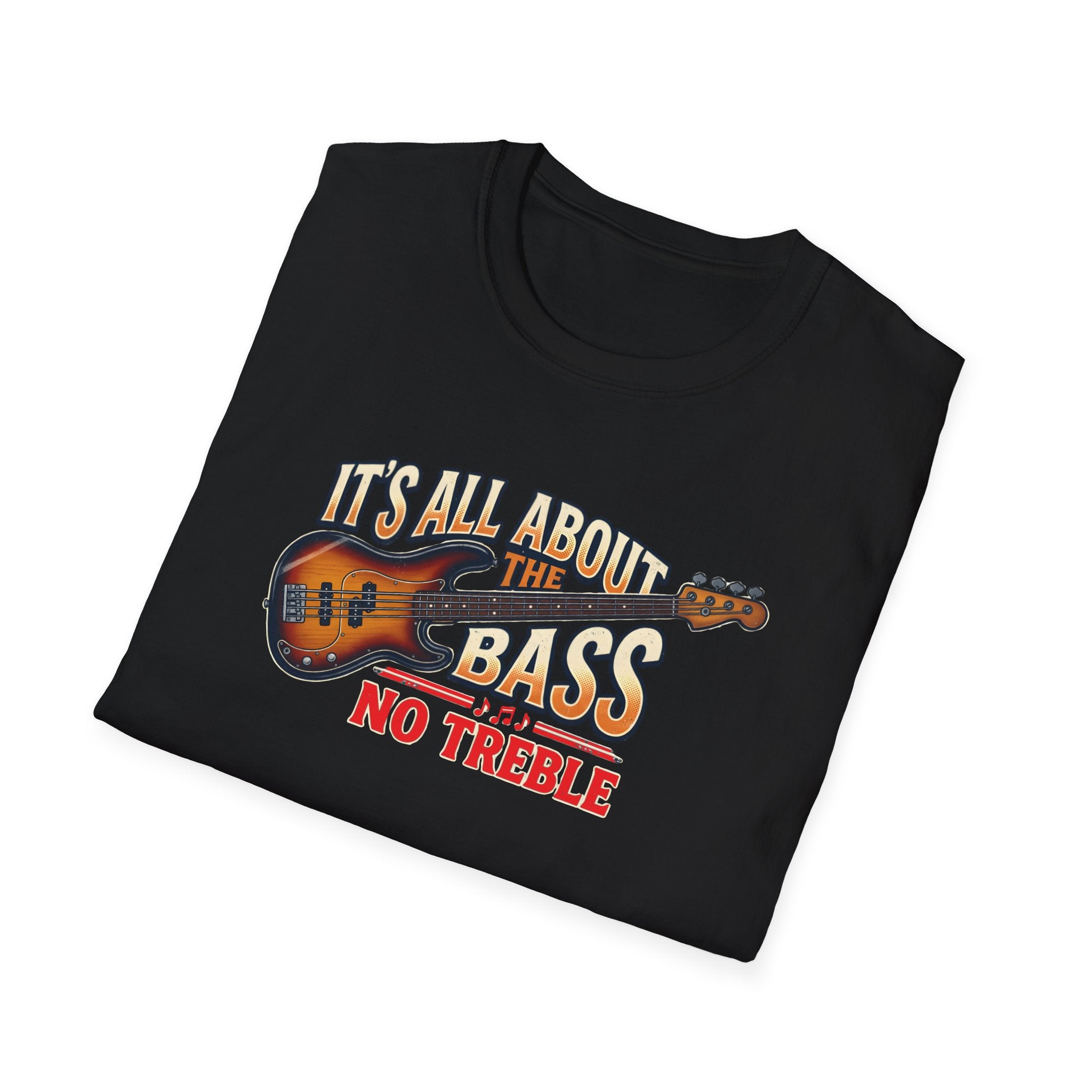 Fat Boris Store product photo of a black crewneck t-shirt featuring a detailed, vintage-style graphic of a sunburst bass guitar with the text "IT'S ALL ABOUT THE BASS NO TREBLE" in retro typography above and below it. The graphic has a distressed, screen-printed texture.