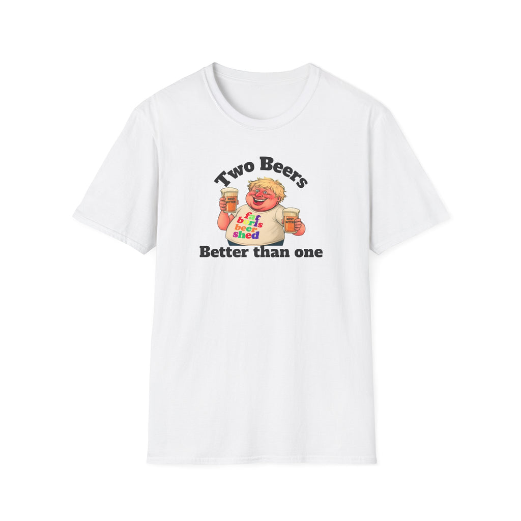 White t-shirt with cartoon character holding two beers and text on a white background