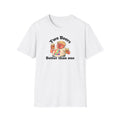 White t-shirt with cartoon character holding two beers and text on a white background