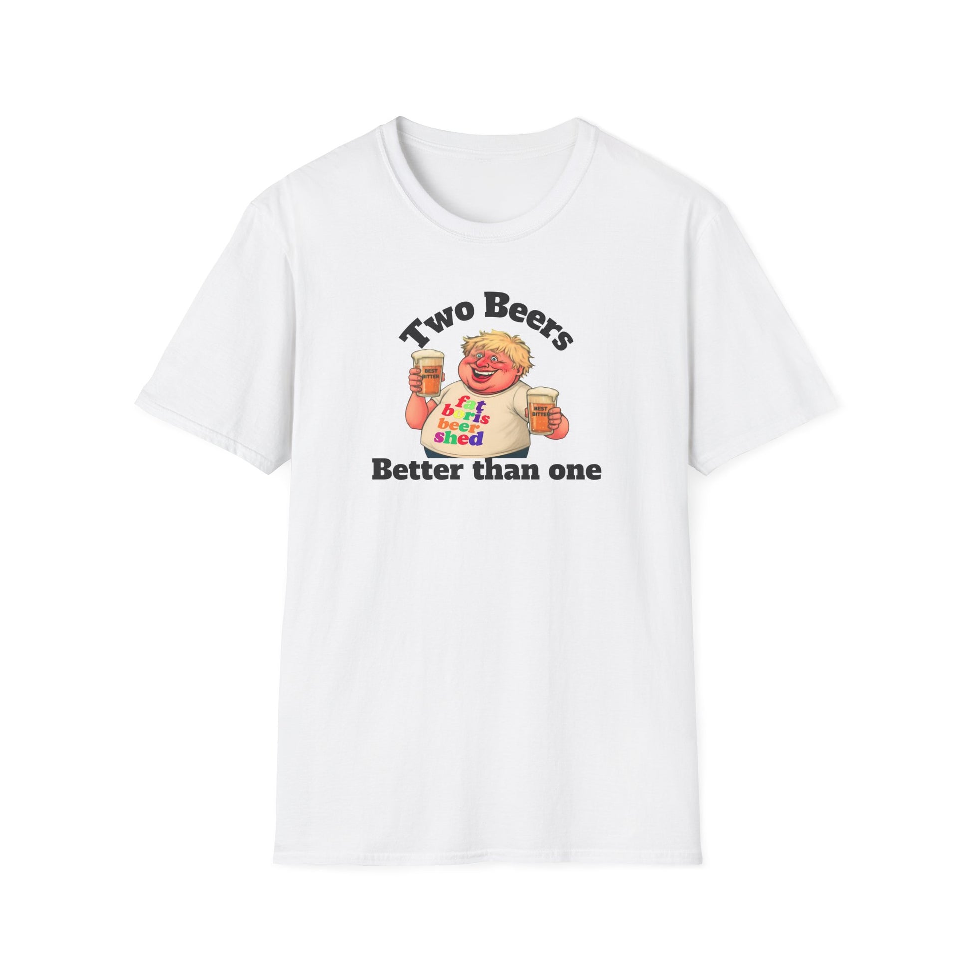White t-shirt with cartoon character holding two beers and text on a white background