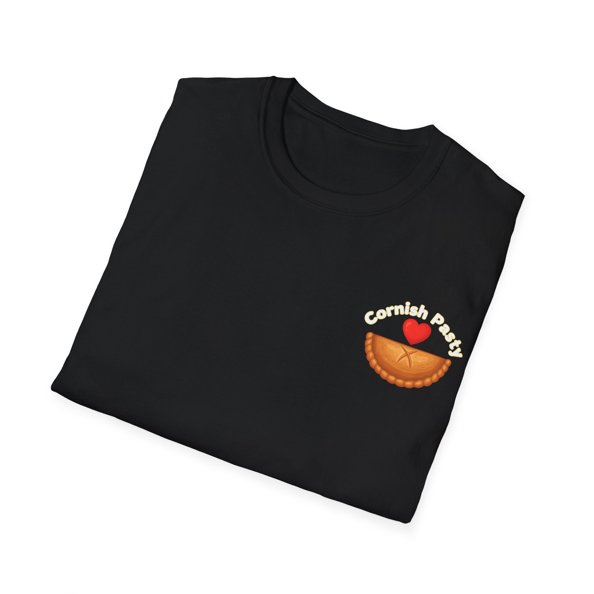 Folded black t-shirt with a graphic design, I love Cornish pasty on a white background