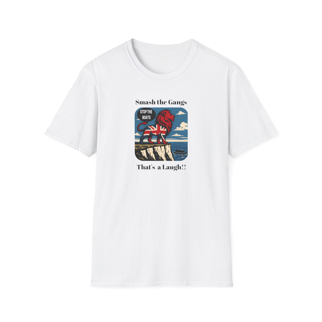 Political satire T-shirt featuring a bold protest illustration and the slogan “Smash the gangs, that’s a laugh!!”