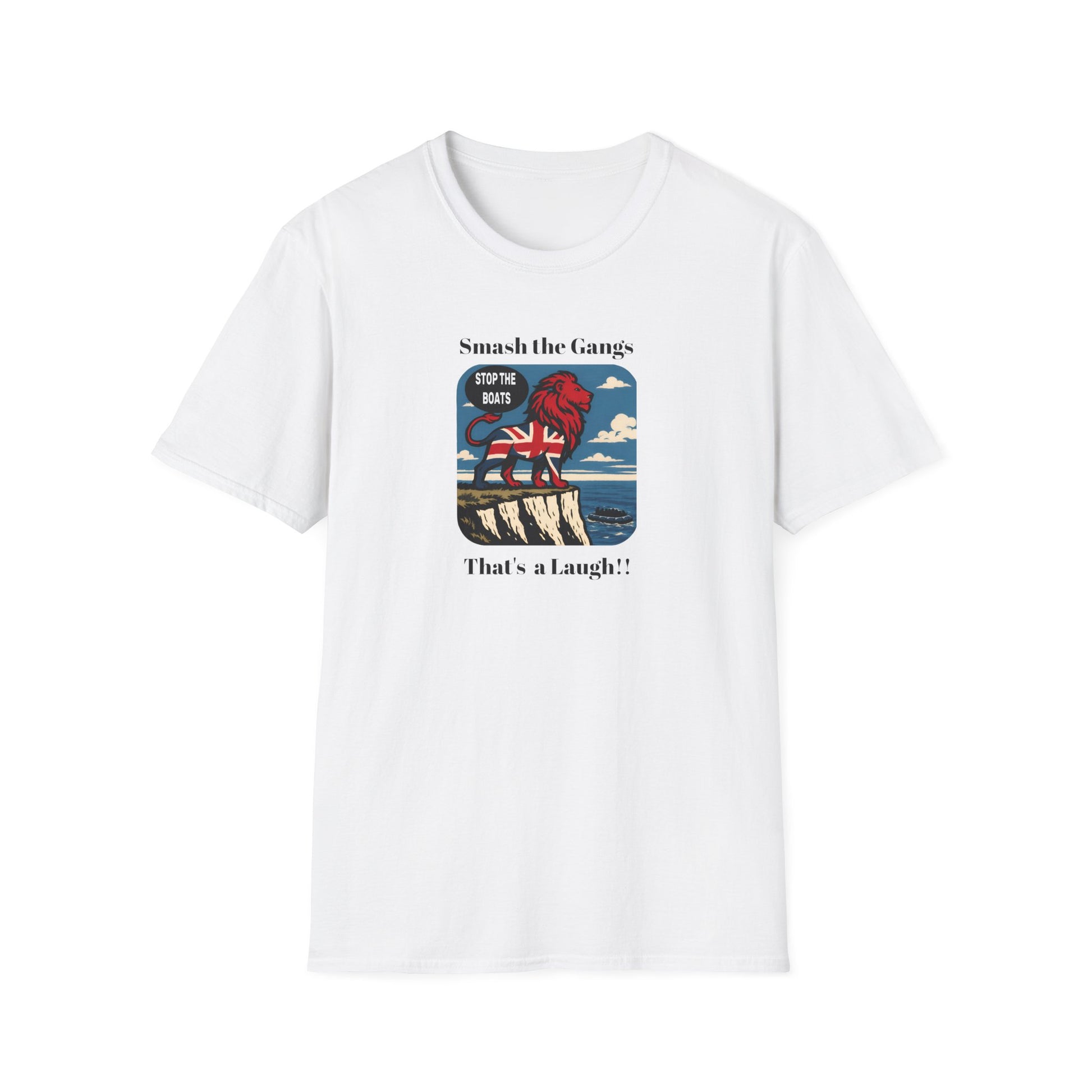 Political satire T-shirt featuring a bold protest illustration and the slogan “Smash the gangs, that’s a laugh!!”