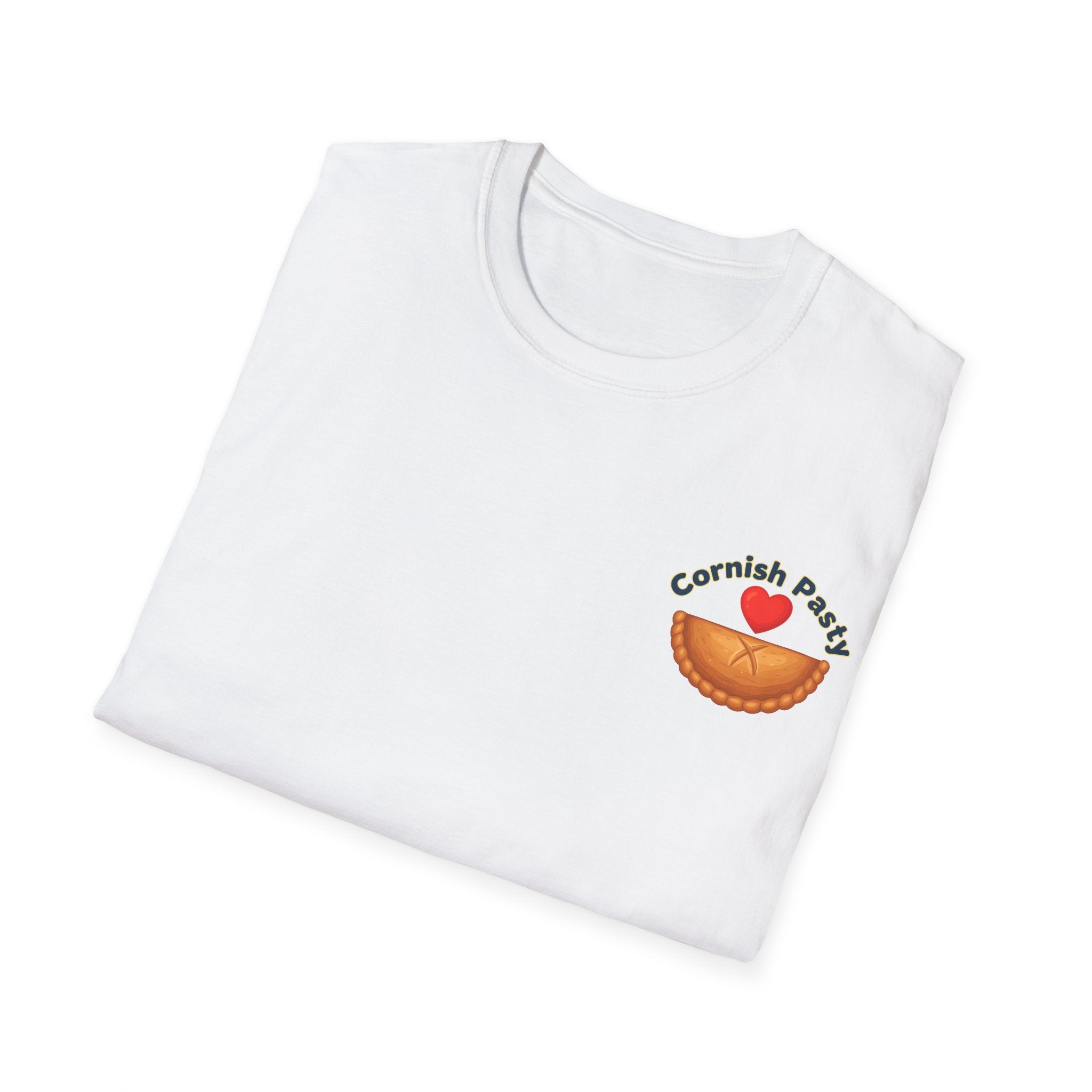 Folded White t-shirt with a graphic design, I love Cornish pasty on a white background