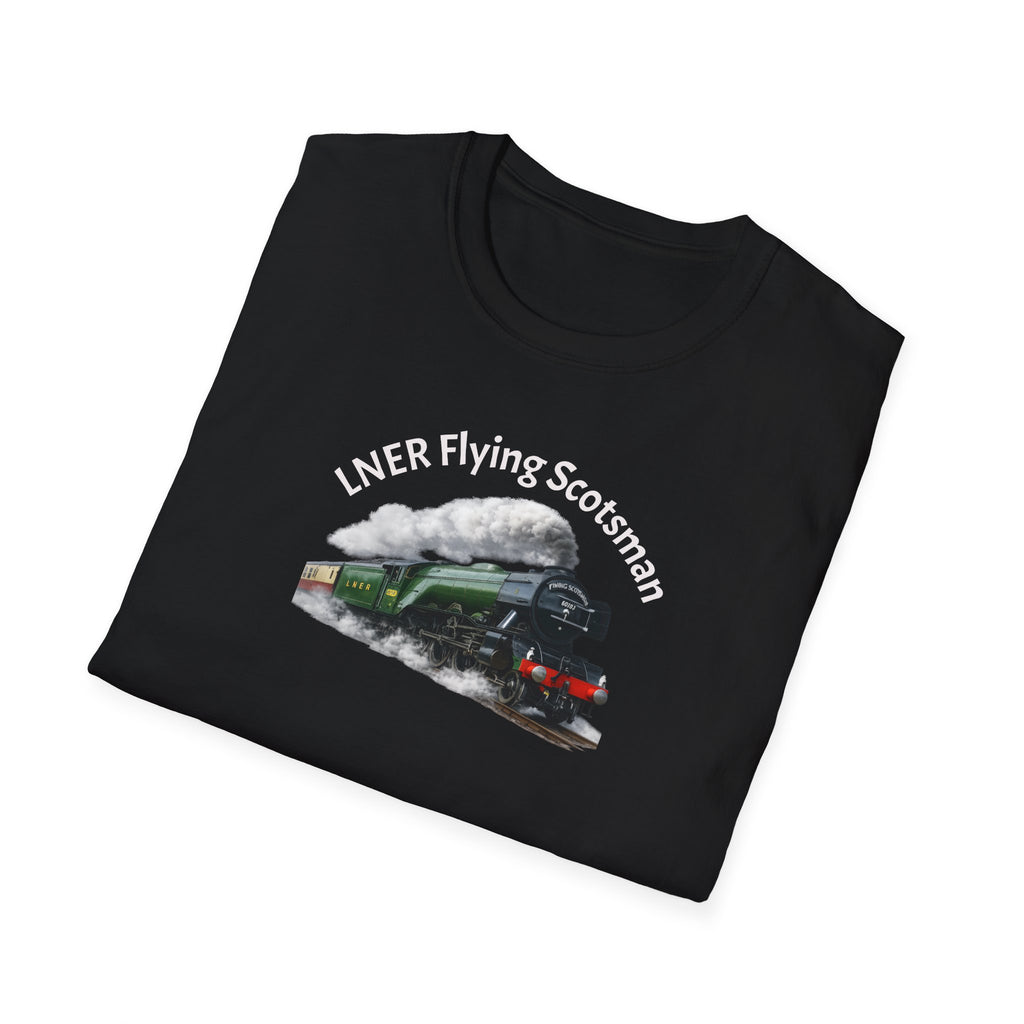 Folded black t-shirt with LNER Flying Scotsman design on a white background
