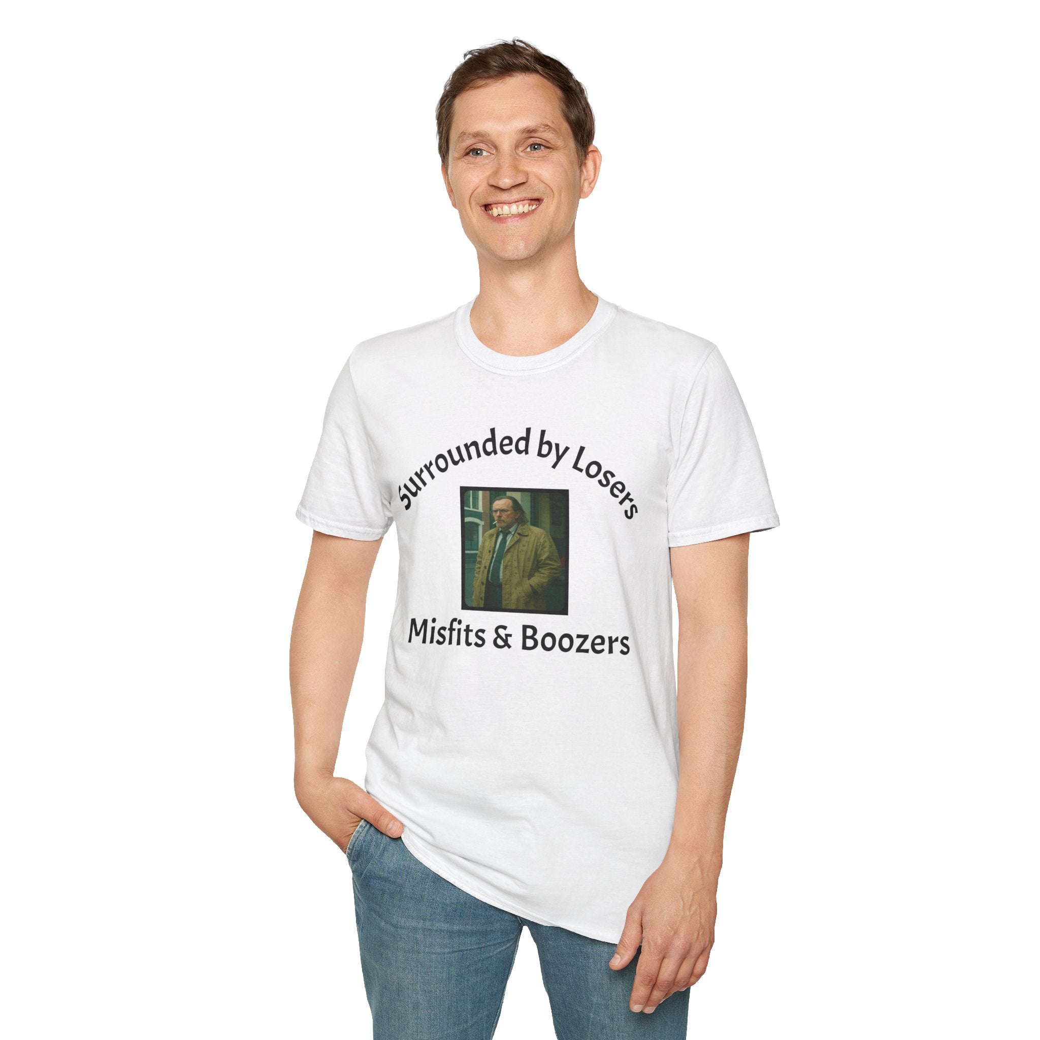 A man wearing a White T-Shirt features a bold design that reads 'slow horses surrounded by Losers, Misfits &amp; Boozers', from the slow horses t v show starring Gary Oldman giving off a rebellious and edgy vibe. 
