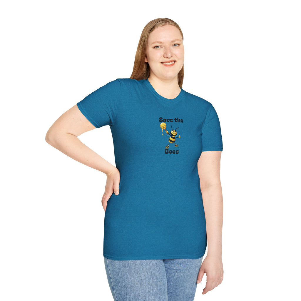 Woman wearing a blue t-shirt with a bee graphic and text on a white background